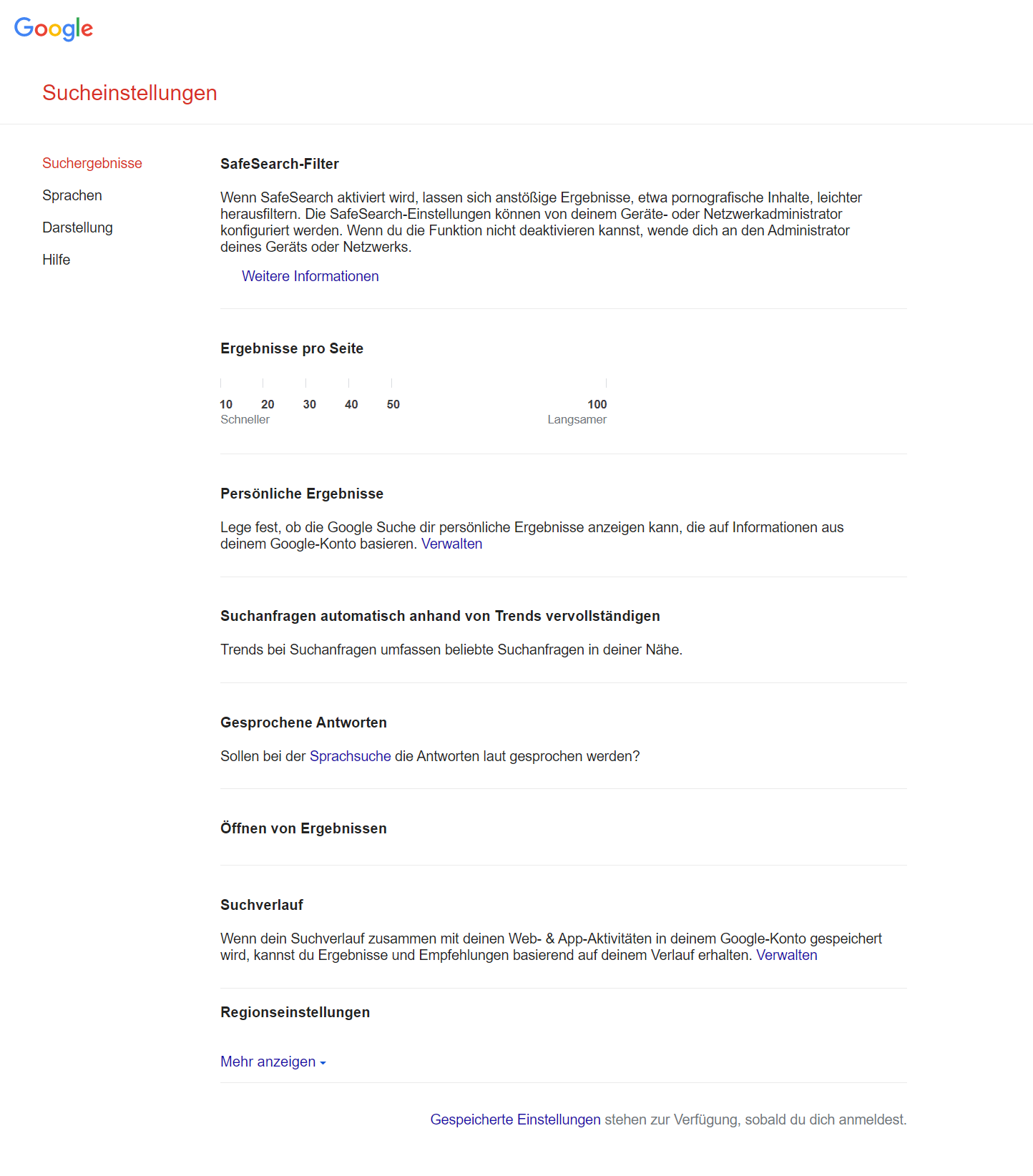 Google Sucheinstellungen aktuell nicht veränderbar