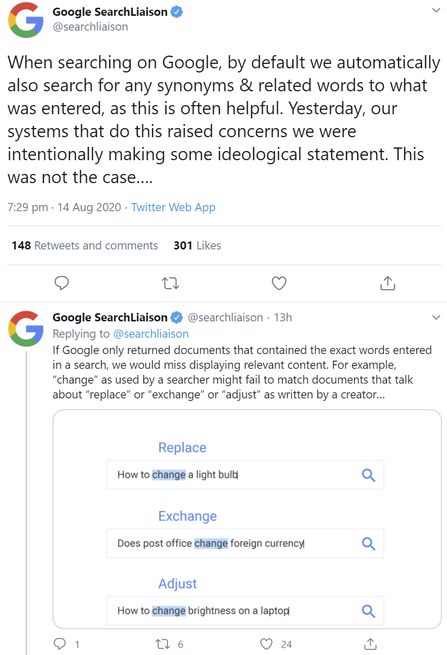 Google: Synonyme haben zu einer kritisierten Mischung von Suchergebnissen geführt