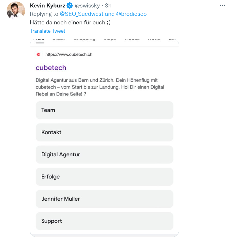 Google: Test mit neuen Sitelinks in der mobilen Suche - Kevin Kyburz auf Twitter