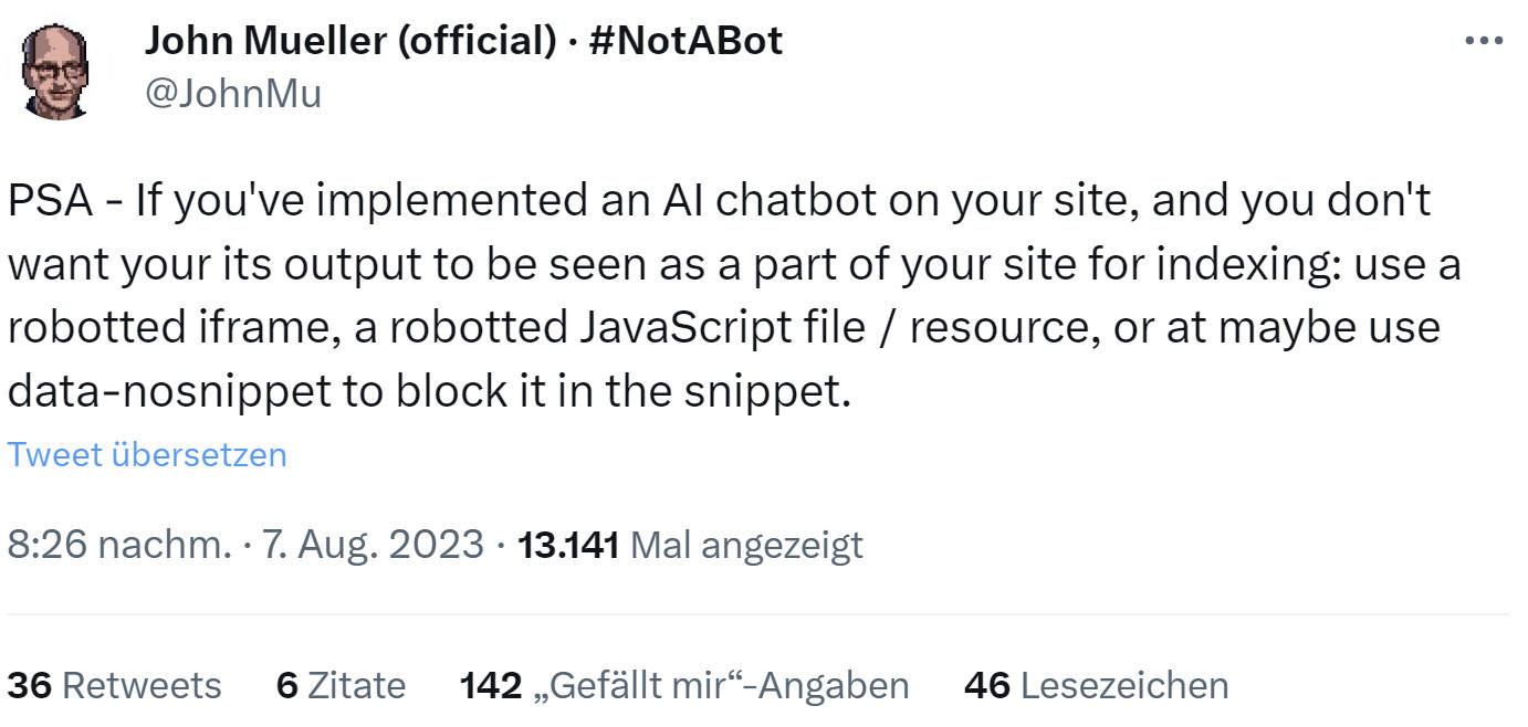Google-Tipp: So lässt sich der Output eines KI-Chatbots auf einer Website für die Suche blockieren