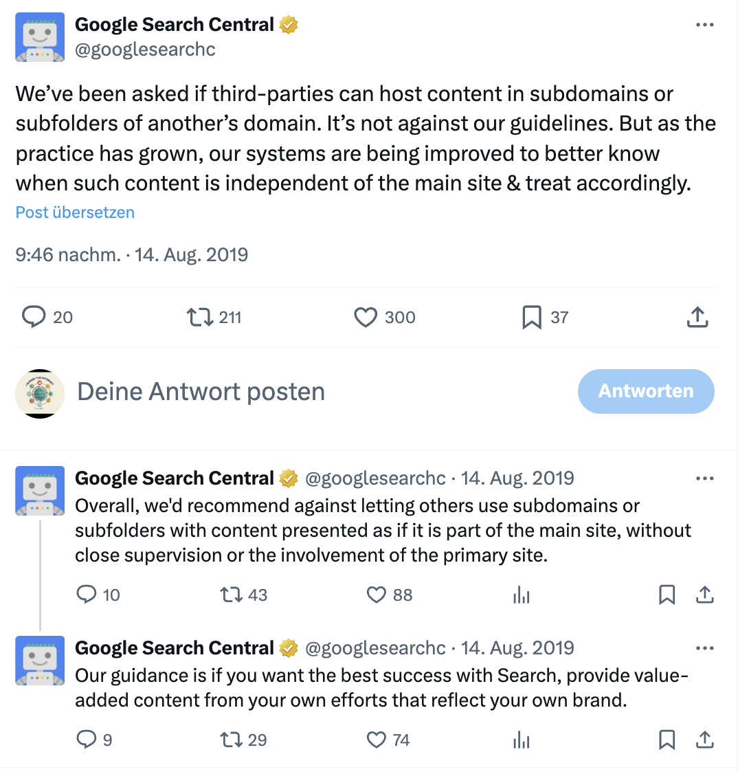 Google Tweet aus dem Jahr 2019 zu Third Party Content in Subdomains und Verzeichnissen