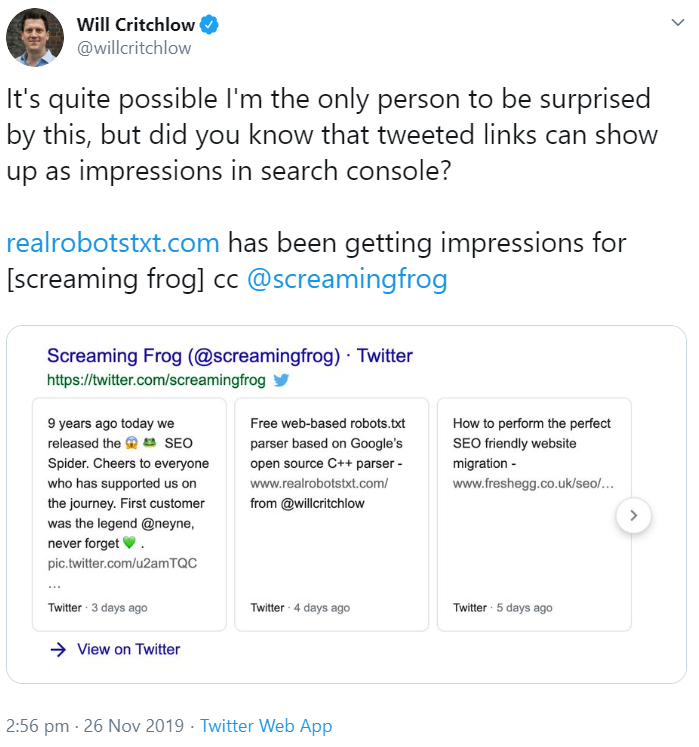 Google Search Console kann Impressionen für Links anzeigen, welche über Twitter gepostet wurden
