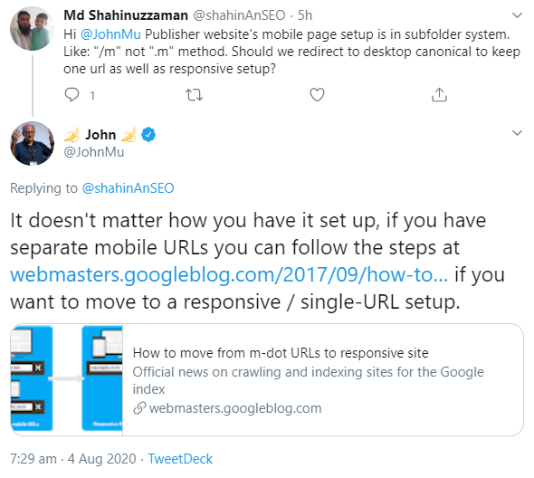 Google: Umstellung auf Responsive Design gleich, egal, ob mobile Version in Subdomain oder Ordner