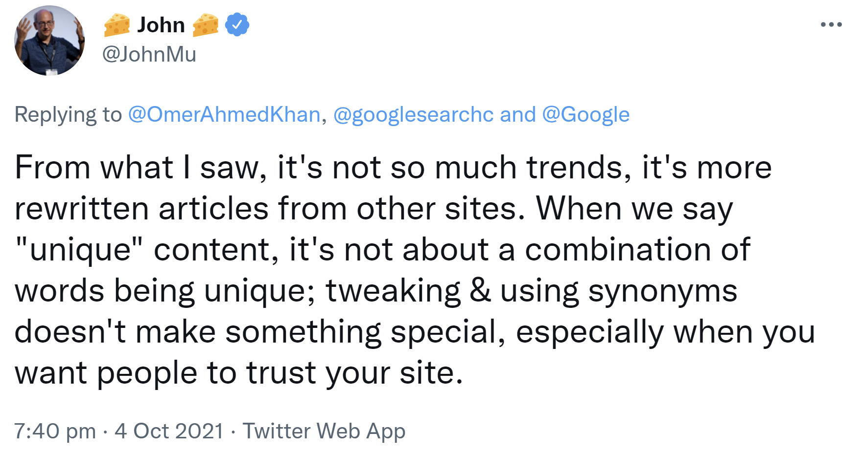Google: Unique Content ist mehr als die Verwendung von Synonymen und das Umstellen von Wörtern