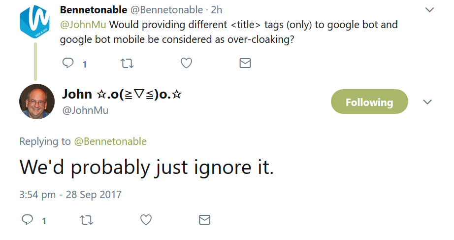 Google: Unterschiedliche Titel-Tags für verschiedene Googlebots werden ignoriert