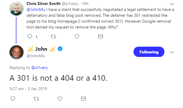 Google zum Entfernen einer URL: Ein 301 ist kein 404 oder 410