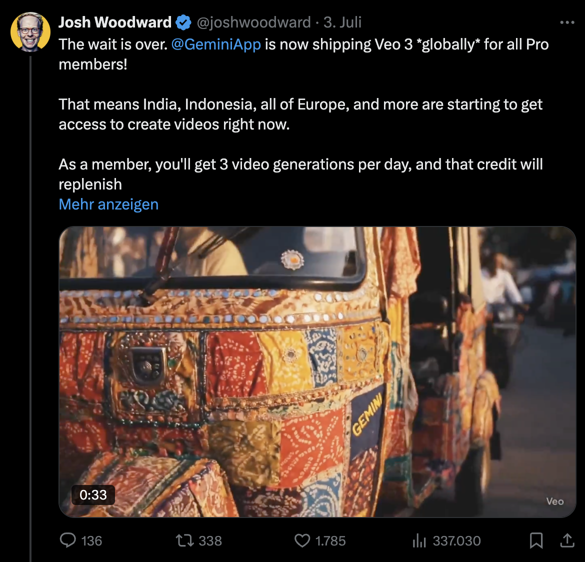 Google: Zugang auf VEO 3 für alle Gemini Pro Nutzer - Josh Woodward auf Twitter
