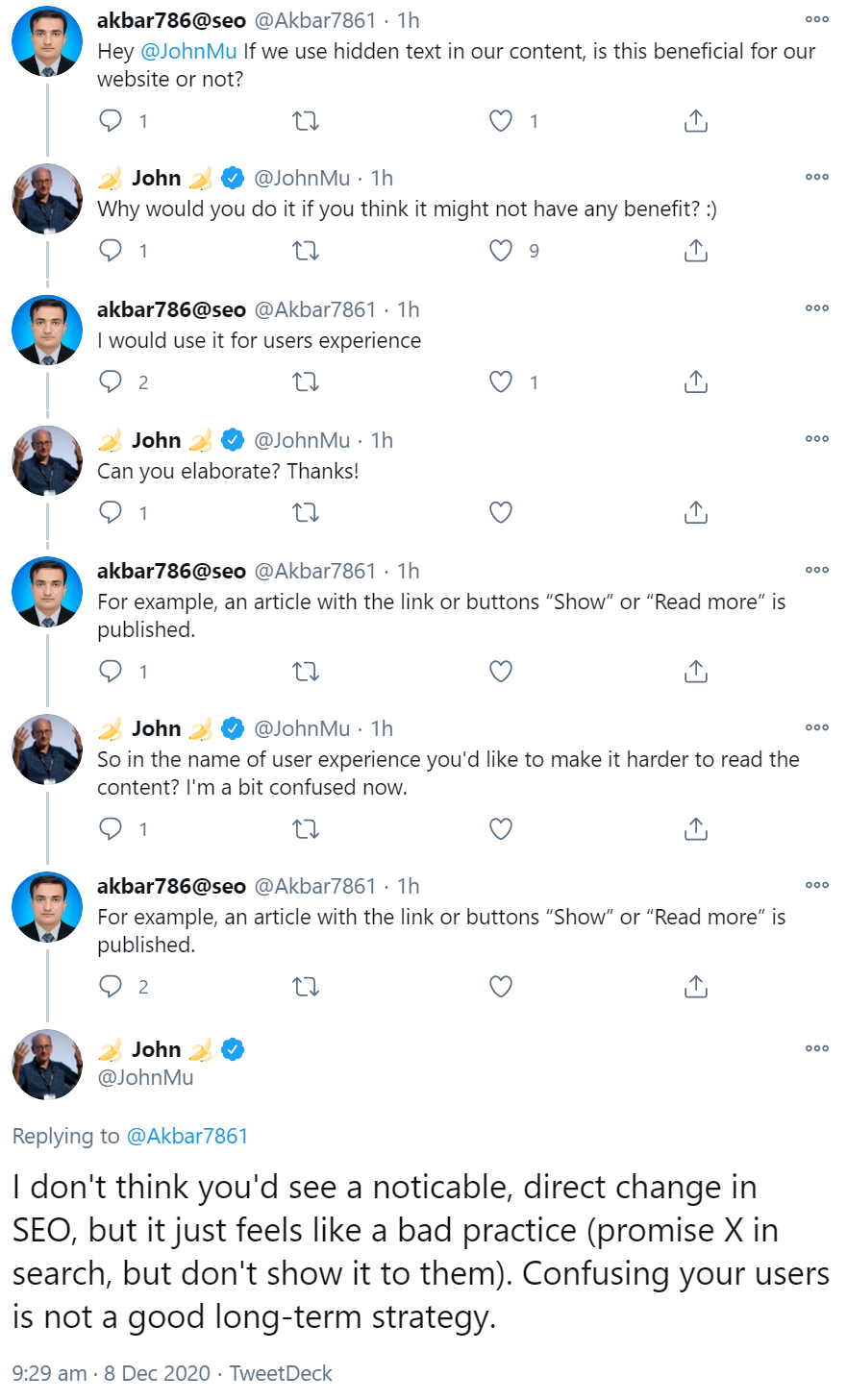 Google: 'Versteckte Inhalte sind schlechte Praxis.'