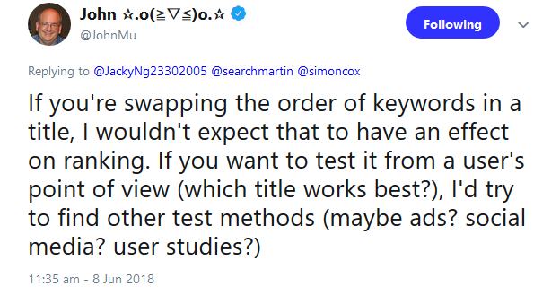 Google: Reihenfolge der Keywords im Titel hat keine Rankingeffekte