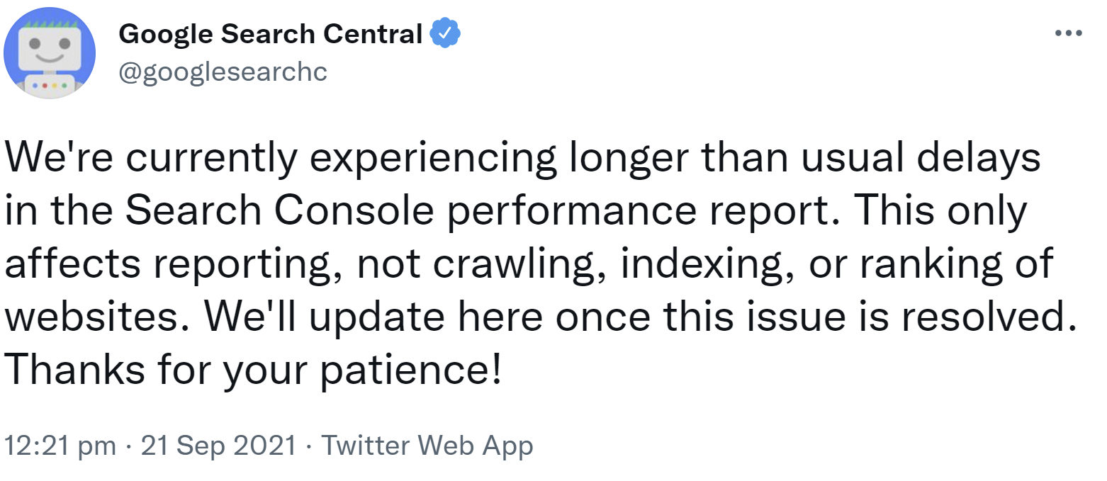 Google Search Console: Verzögerungen im Leistungsbericht bestätigt, 21.09.21