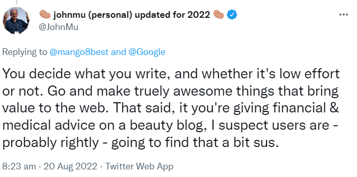 John Müller auf Twitter: Sehr unterschiedliche Themen auf einer Website können den Seitenbesuchern verdächtig vorkommen