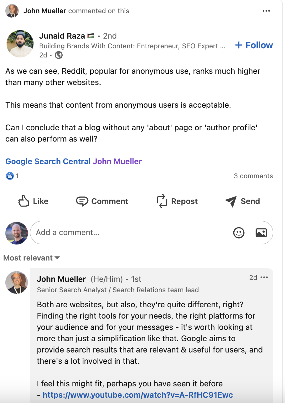 John Müller auf LinkedIn zur Frage, ob man Autorenangaben auf Blogs braucht, wenn anonymer Content aus Reddit gut rankt