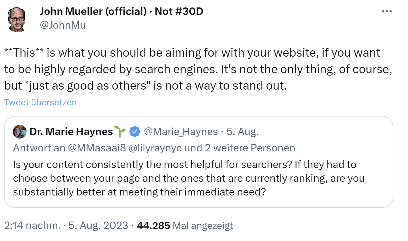 Google: Webseite muss deutlich besser sein, um etablierte Seiten in den Rankings zu überholen