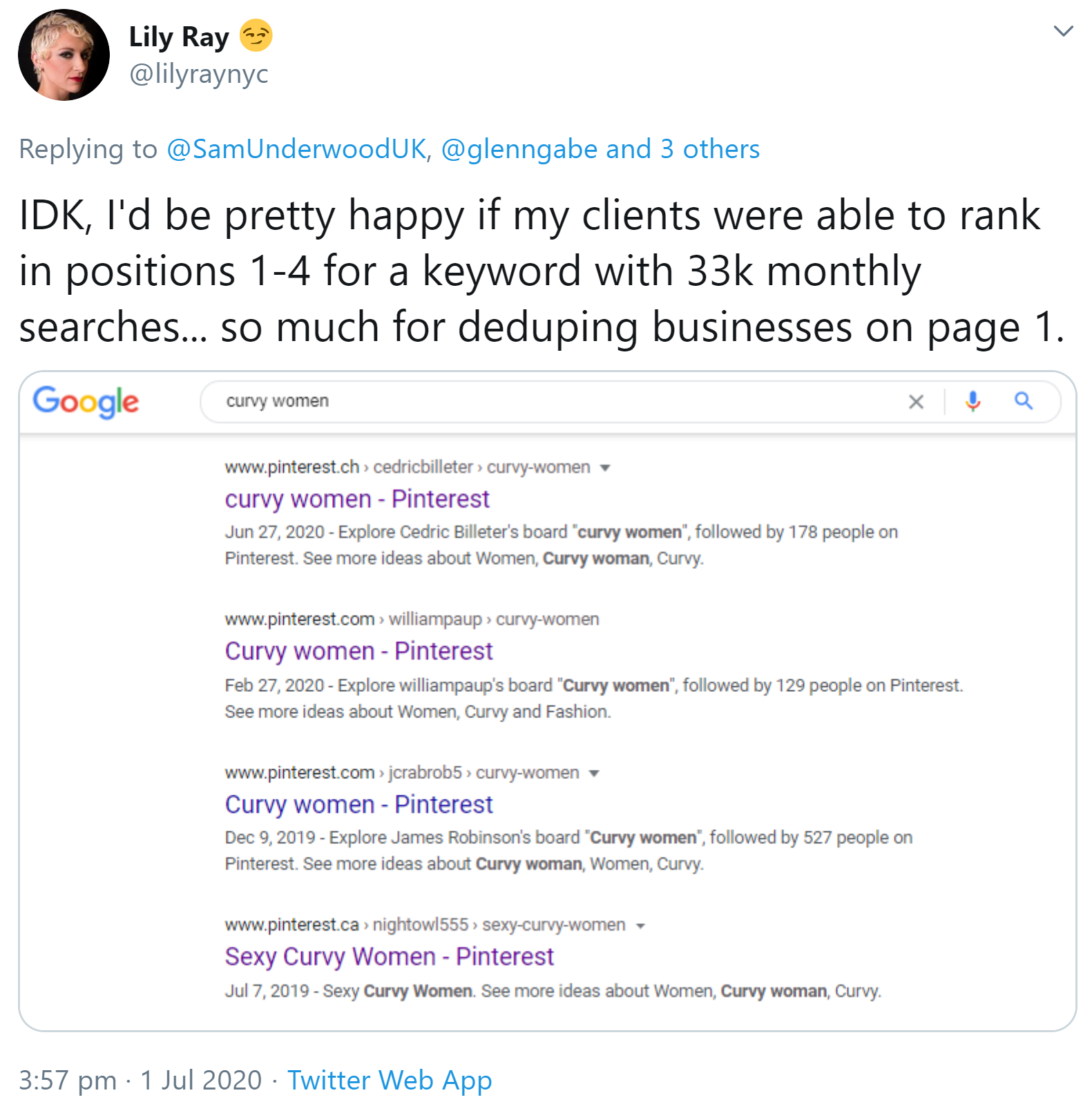 Google zeigt viele Treffer für Pinterest auf einer Suchergebnisseite