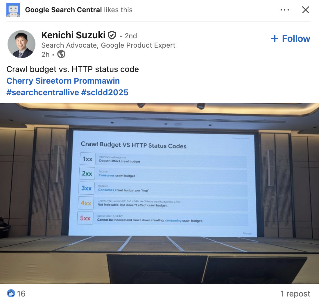 Google: Welche HTTP-Status-Codes das Crawl-Budget belasten: Kenichi Suzuki auf LinkedIn