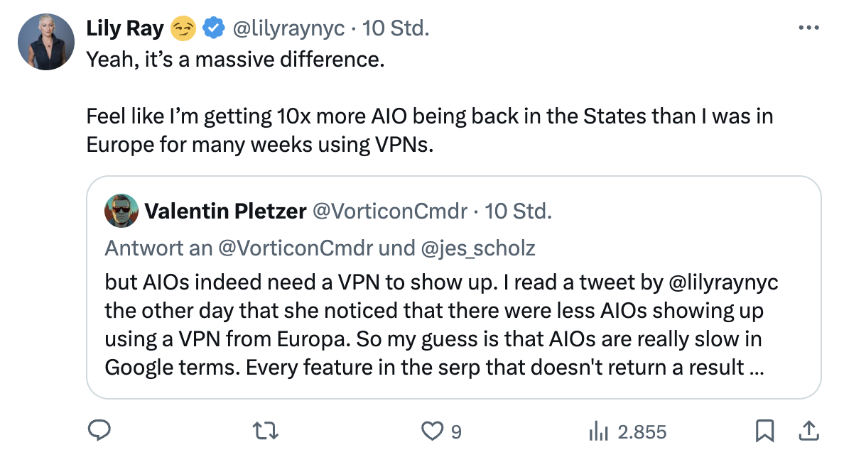 Google: weniger AI Overviews bei Einsatz eines VPNs - Lily Ray auf Twitter
