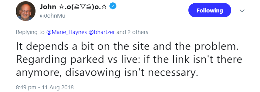Google: Wenn Link nicht mehr vorhanden ist, kein Disavow nötig