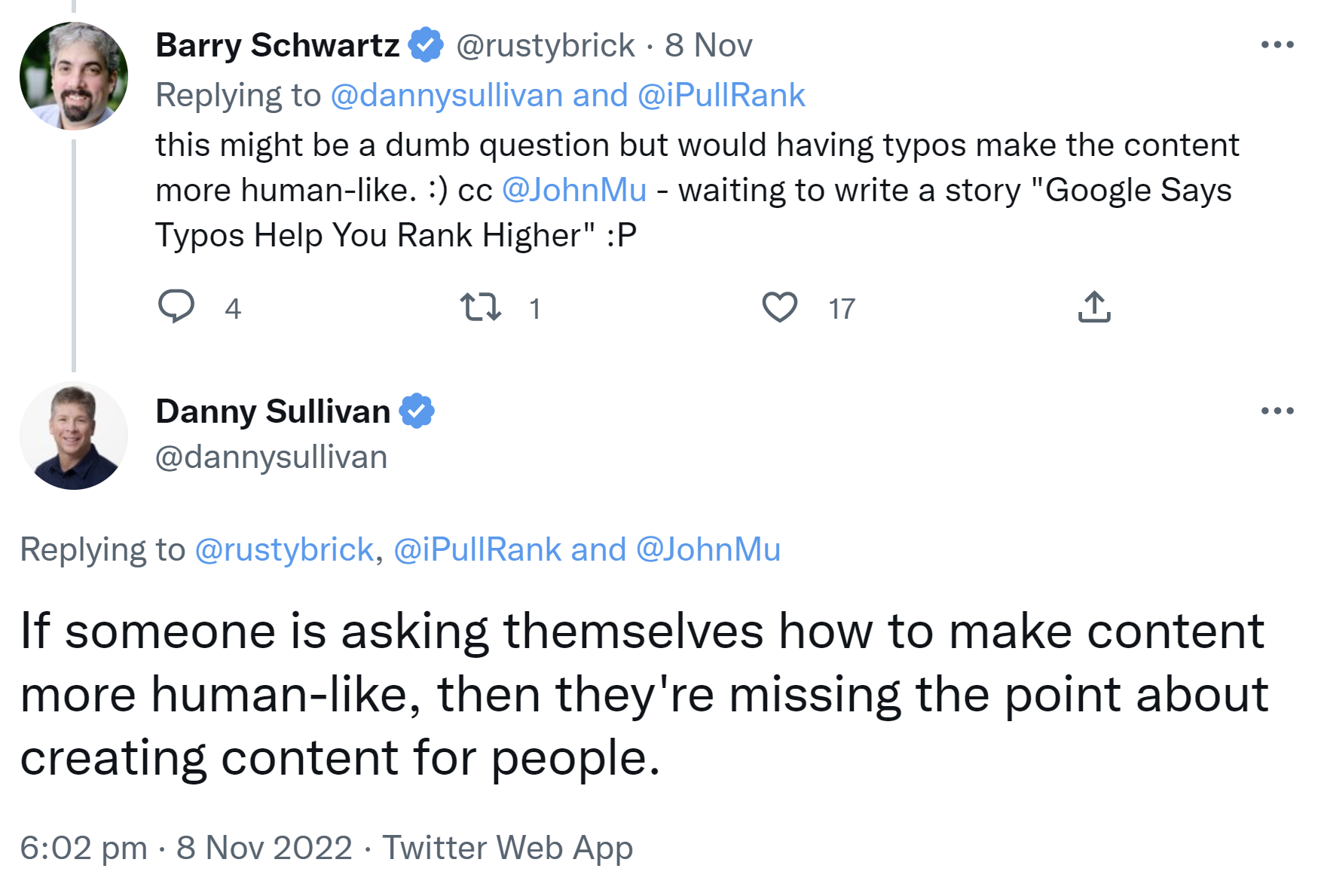 Google: 'Wenn man sich fragt, wie Inhalte eher so aussehen können, als seien sie menschlichen Ursprungs, verpasst man das Ziel, Inhalte für Menschen zu erstellen