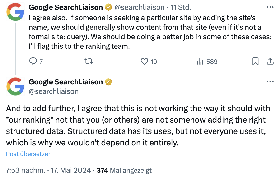 Google: 'Wir können besser werden bei der Suche mit Website-Namen'