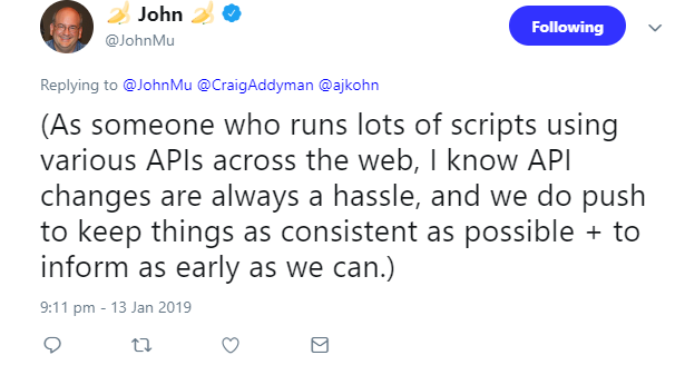 Google wird rechtzeitig über das Abschalten von APIs für die Search Console informieren