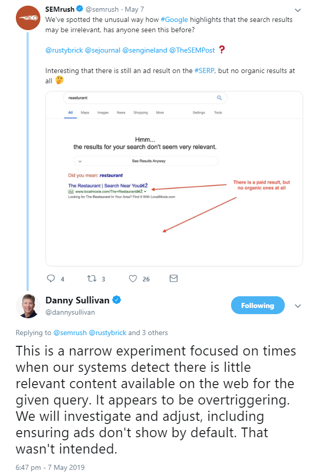 Google zeigt Hinweis, dass die gefundenen Suchergebnisse nicht relevant sind