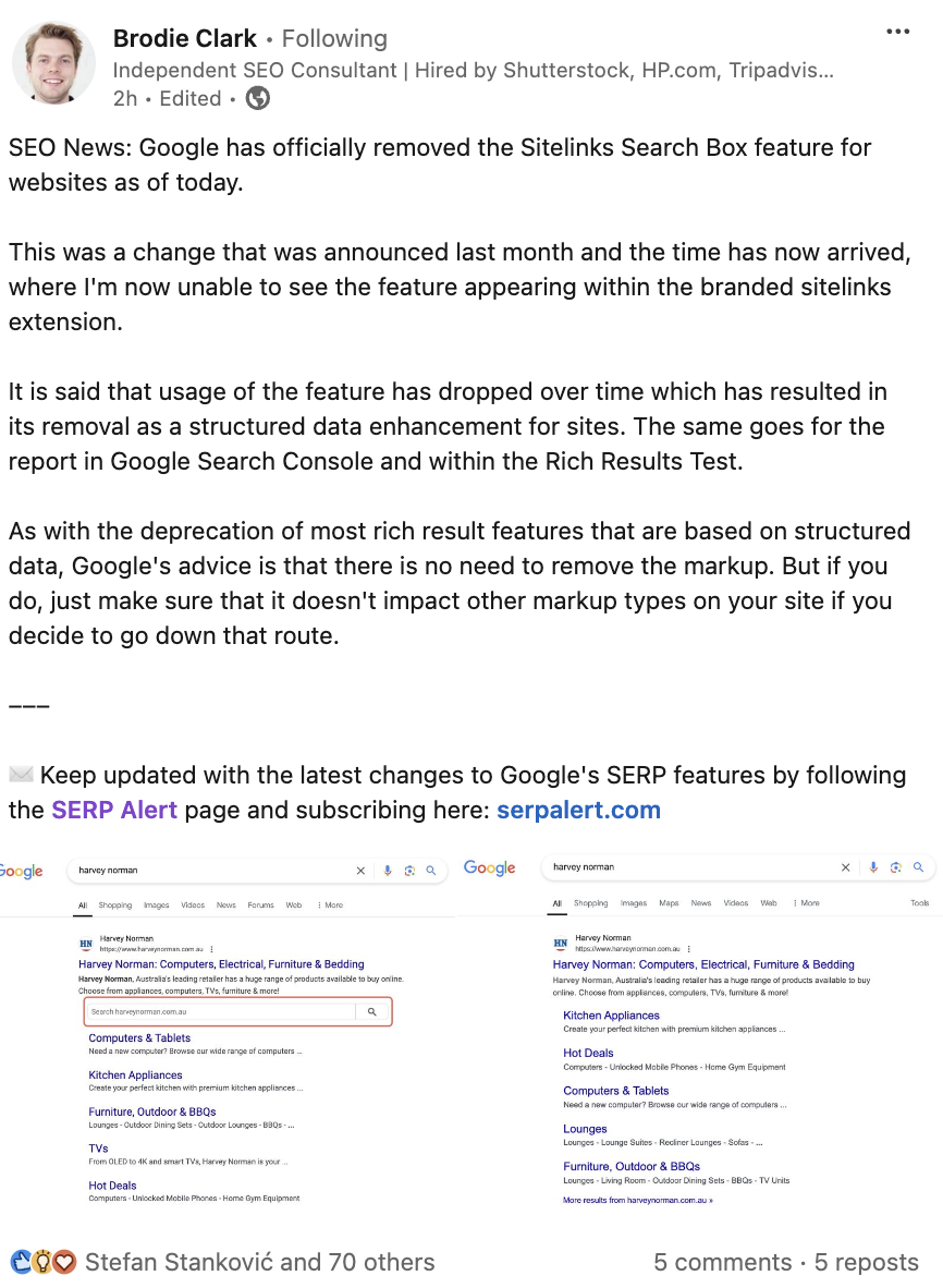 Google zeigt keine Sitelinks-Suchboxen mehr an - Brodie Clark auf LinkedIn