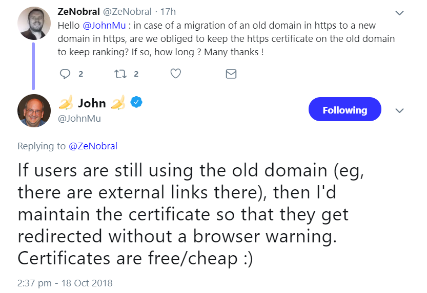 Google: Zertifikat alter Domain behalten wegen Redirects