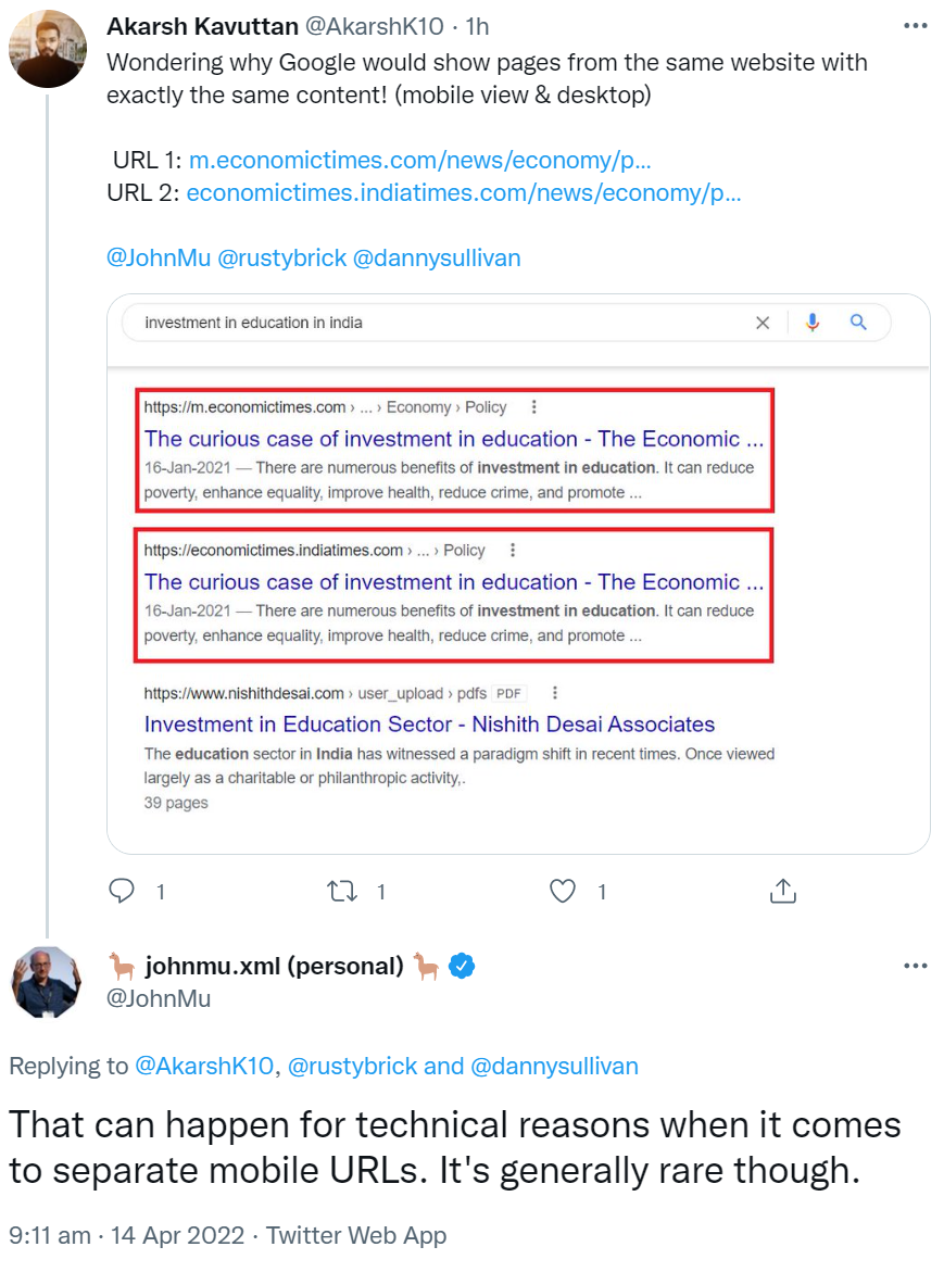 Google: Zwei URLs mit den gleichen Inhalten können auf einer Suchergebnisseite erscheinen