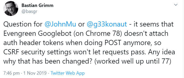 Googlebot unter Chrome 78: Probleme mit Sicherheitseinstellungen gegen CSRF