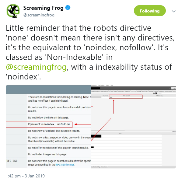 Screaming Frog: Vorsicht bei 'none' als Meta-Robots-Tag