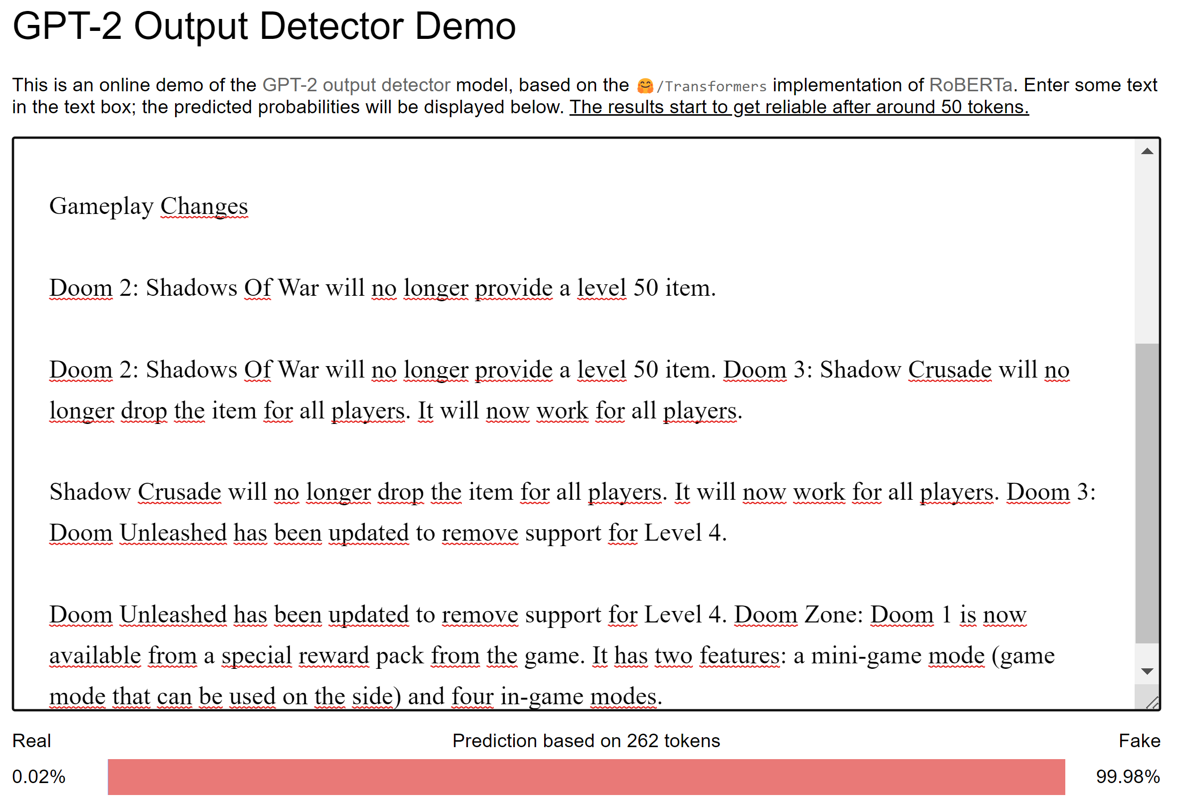 Huggingface GPT-2: Ergebnis für einen automatisch geschriebenen Text