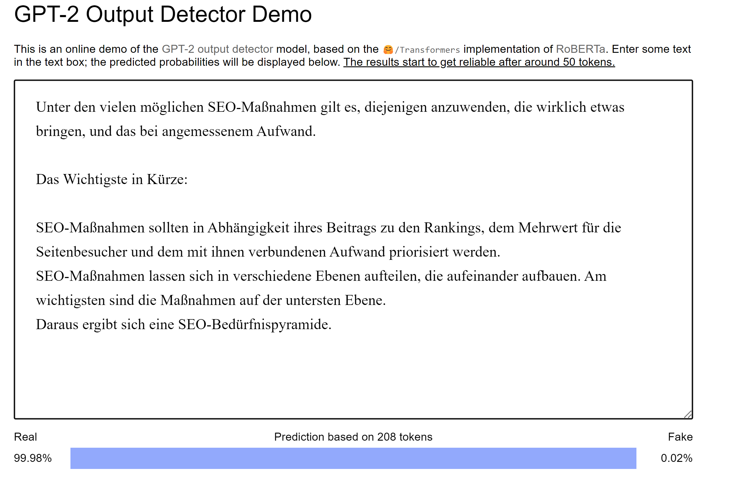 Huggingface GPT-2: Ergebnis für einen von einem Menschen geschriebenen Text