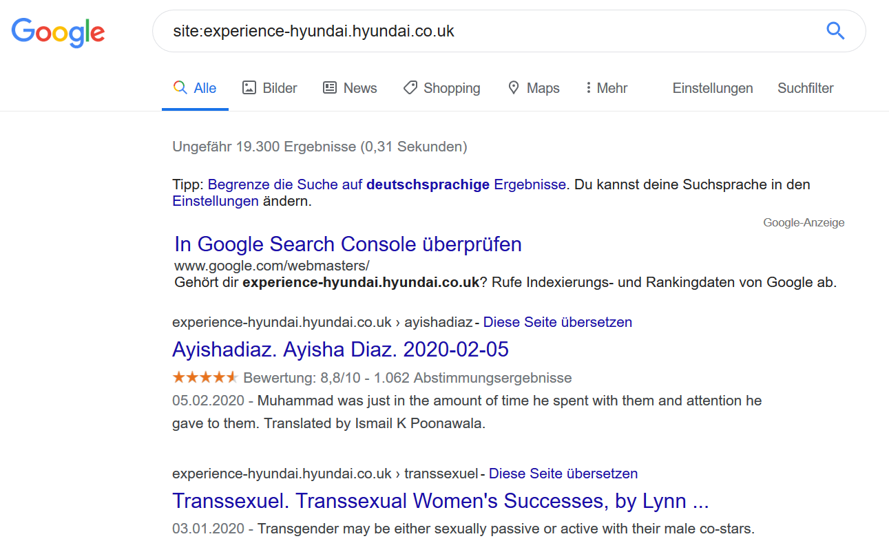 Spam-Ergebnisse bei Sie-Abfrage für eine Hyundai-Subdomain