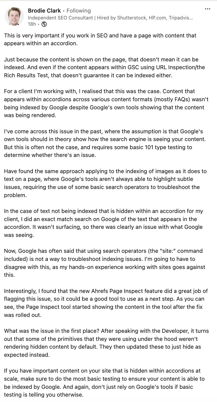 Google indexiert versteckte Inhalte nicht immer - Brodie Clark auf LinkedIn
