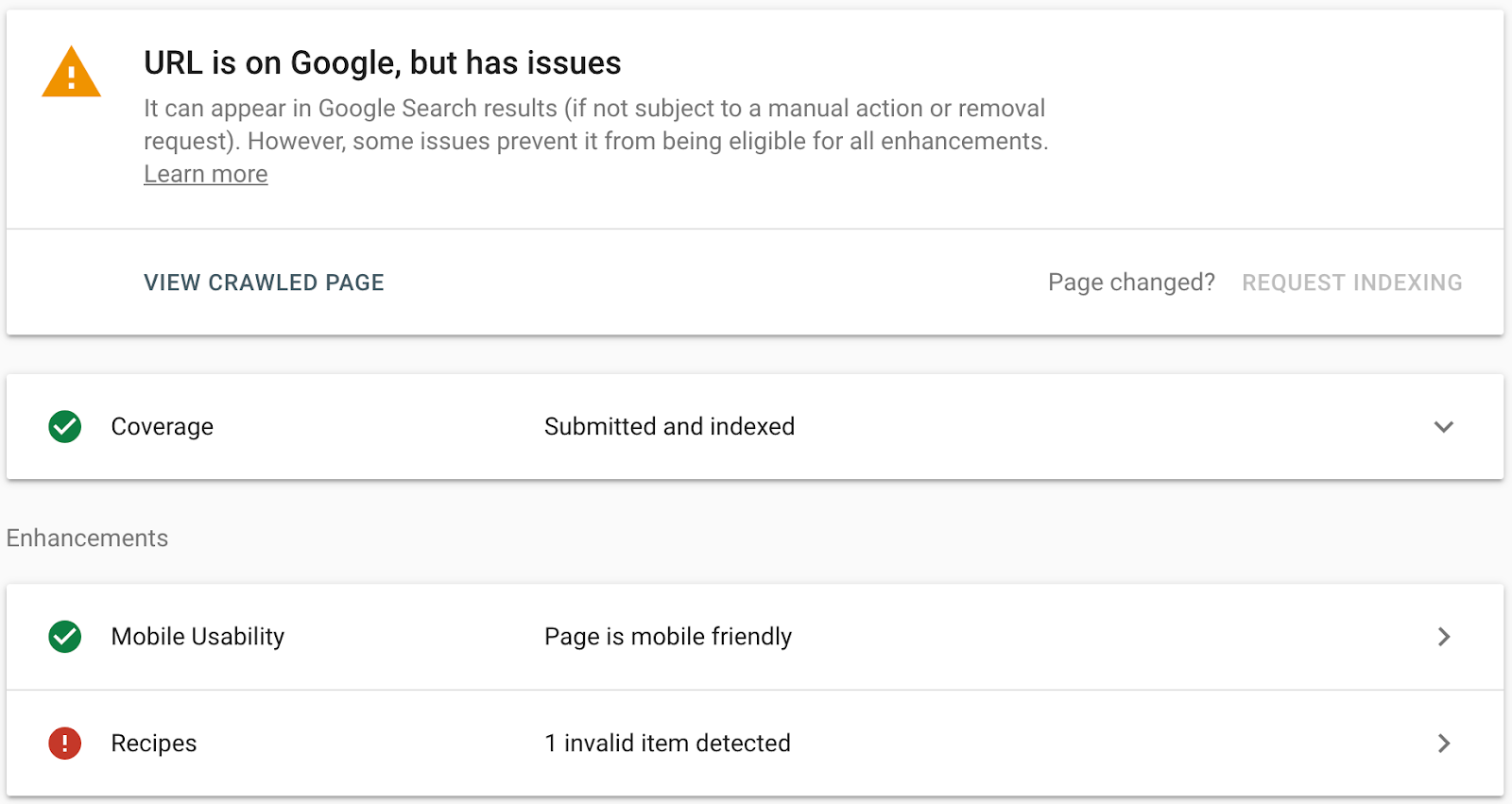 URL Inspection Tool mit Informatioen zu strukturierten Daten