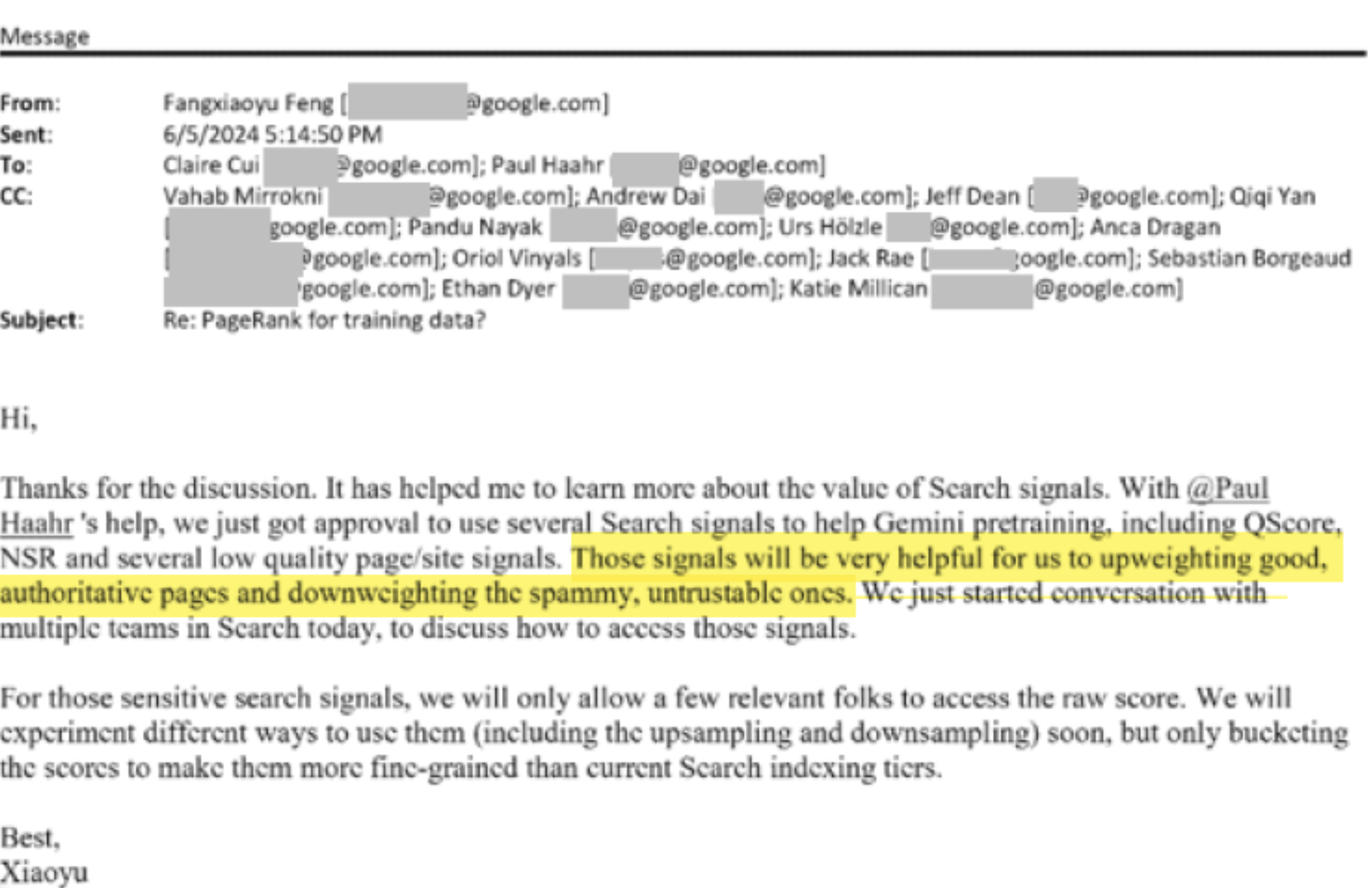 Interne Google Mail zum Training von Gemini mit klassischen Suche-Rankingfaktoren