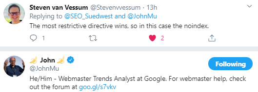 Google: Bei miteinander konkurrierenden Robots-Anweisungen gilt die restriktivere