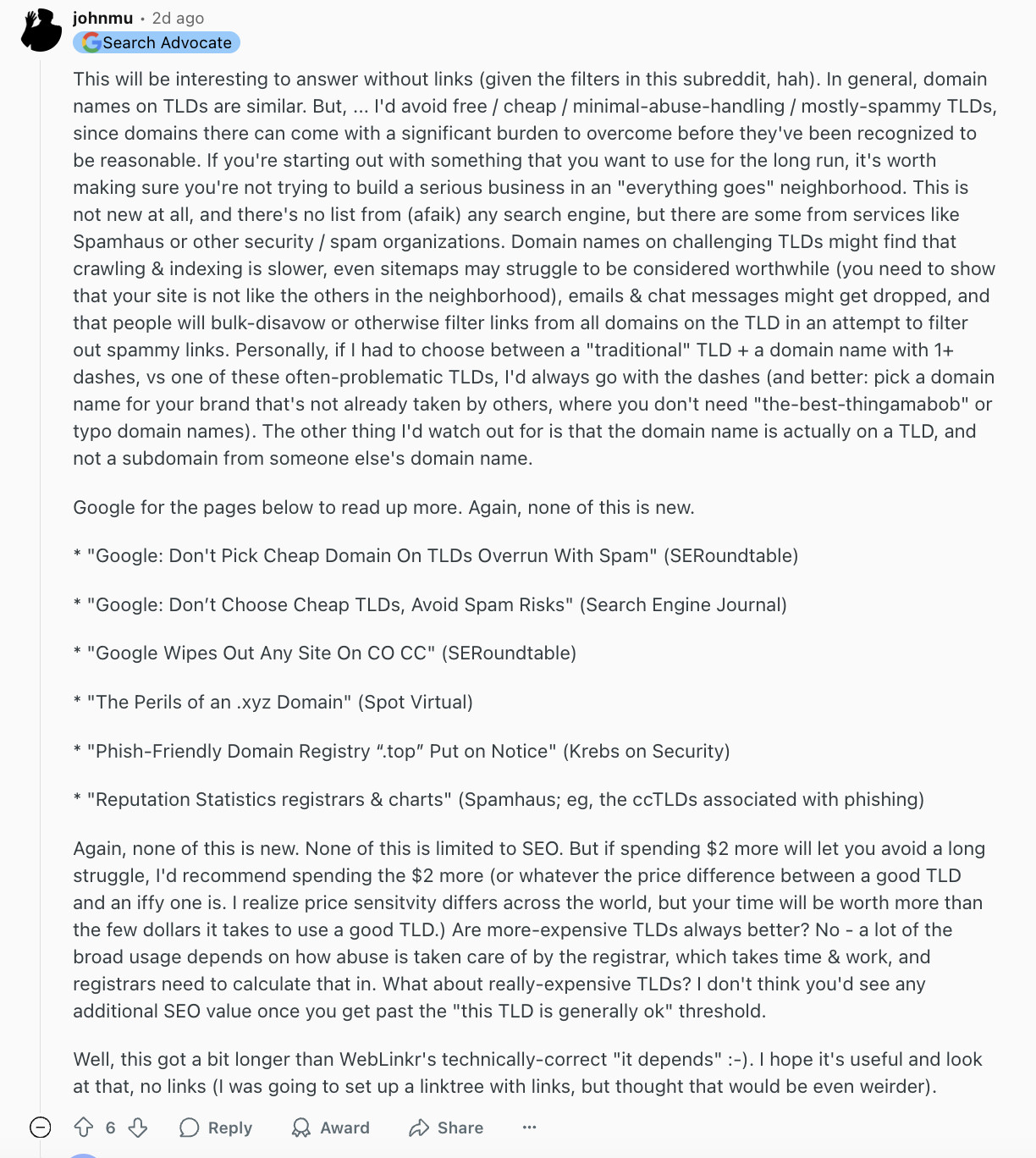 John Müller zur Wahl von TLD und Domain-Name - Thread auf Reddit