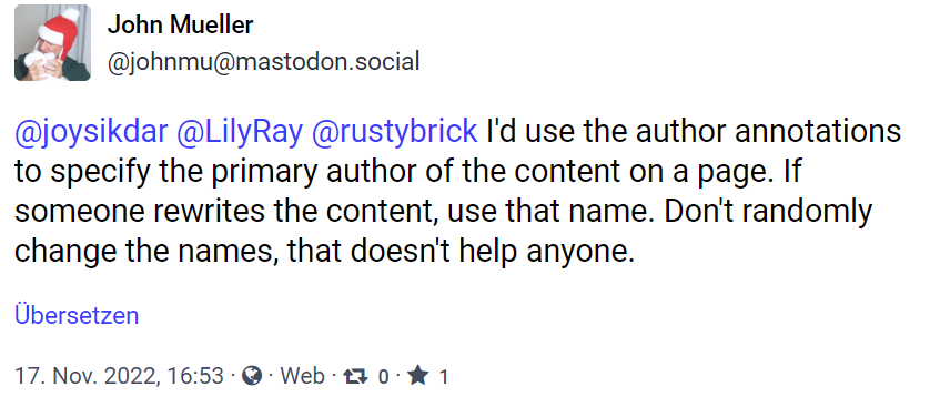 John Müller auf Mastodon: Autorennamen für Inhalte auf Webseiten nicht einfach ändern