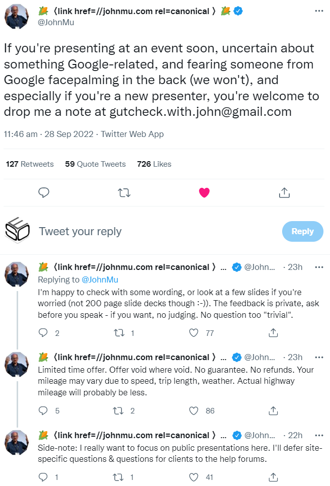 John Müller bietet Unterstützung für Speakerinnen und Speaker auf SEO-Konferenzen