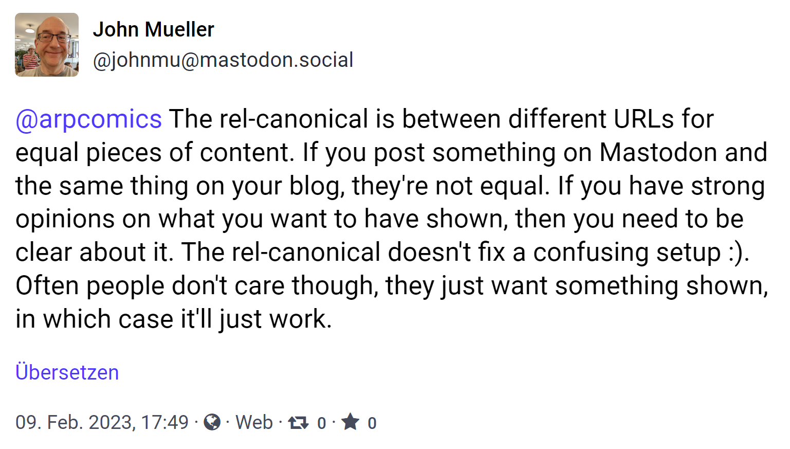 John Müller von Google zu Canonical-Links: Ein Post auf Mastodon und ein Blogpost sind nicht gleichwertig