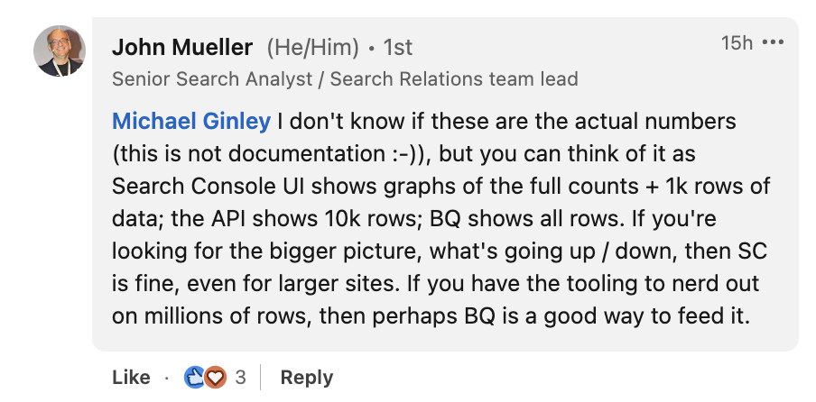 GSC: verfügbare Daten je nach Quelle - John Müller auf LinkedIn