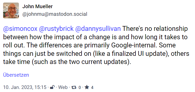 Kein Zusammenhang zwischen der Dauer eines Updates und dessen Auswirkungen: John Müller auf Mastodon