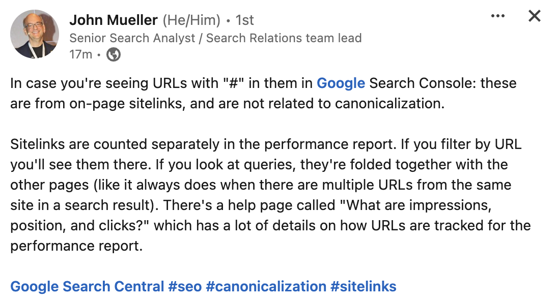 John Müller: URLs mit Hash in der Google Search Console stammen von Sitelinks