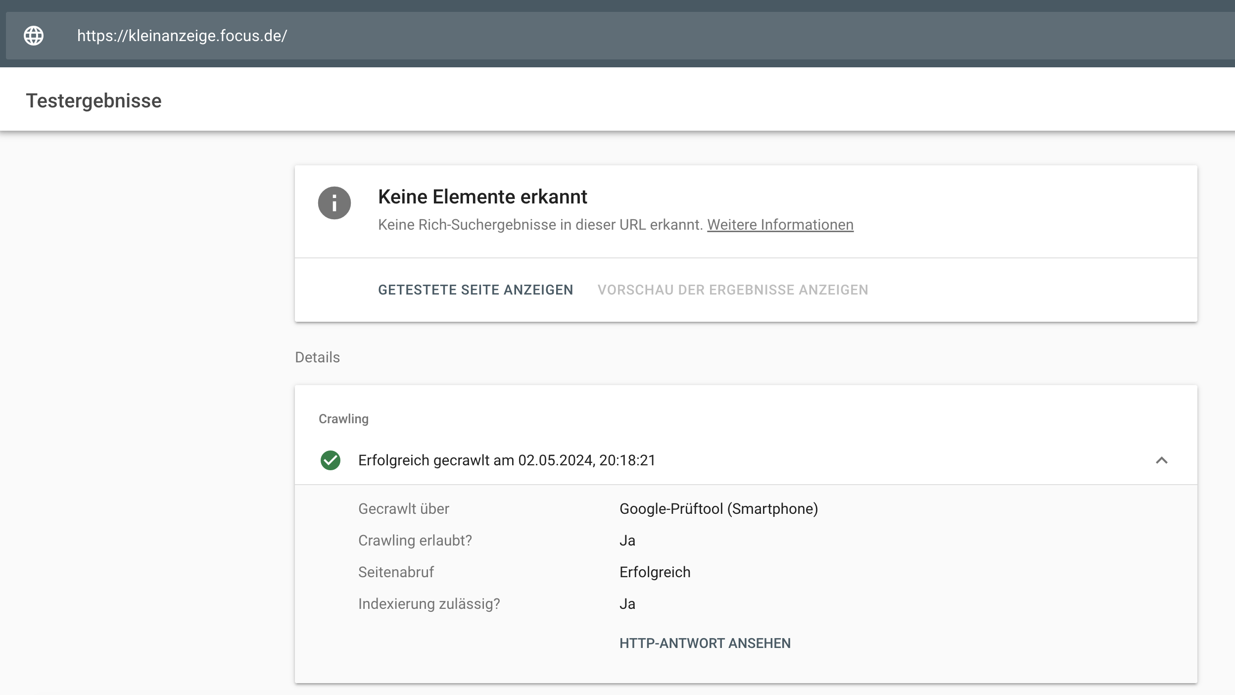 kleinanzeige.focus.de wieder erreichbar - Google Rich Results Test