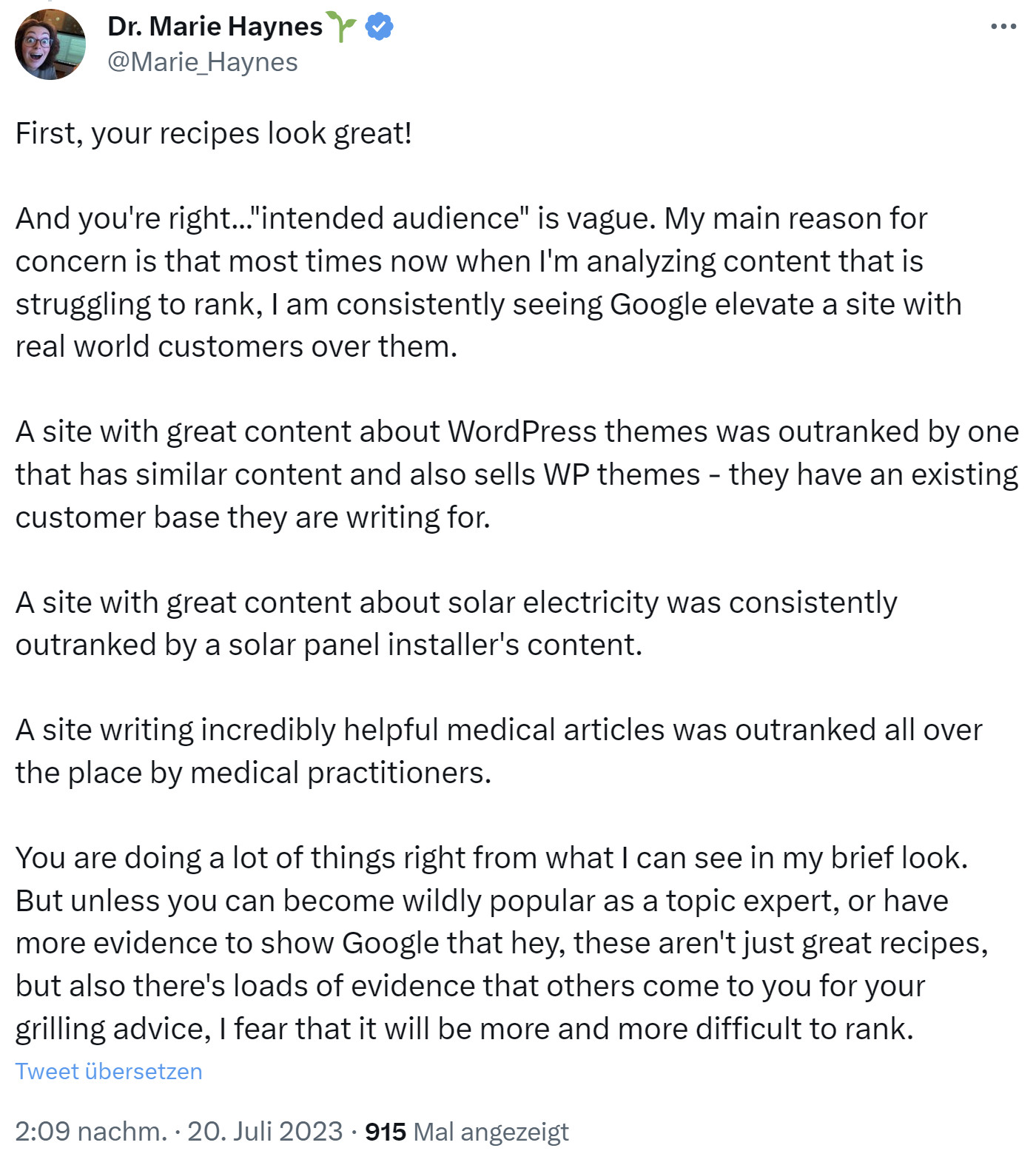 Marie Haynes: Google bevorzugt Websites mit echten Kunden