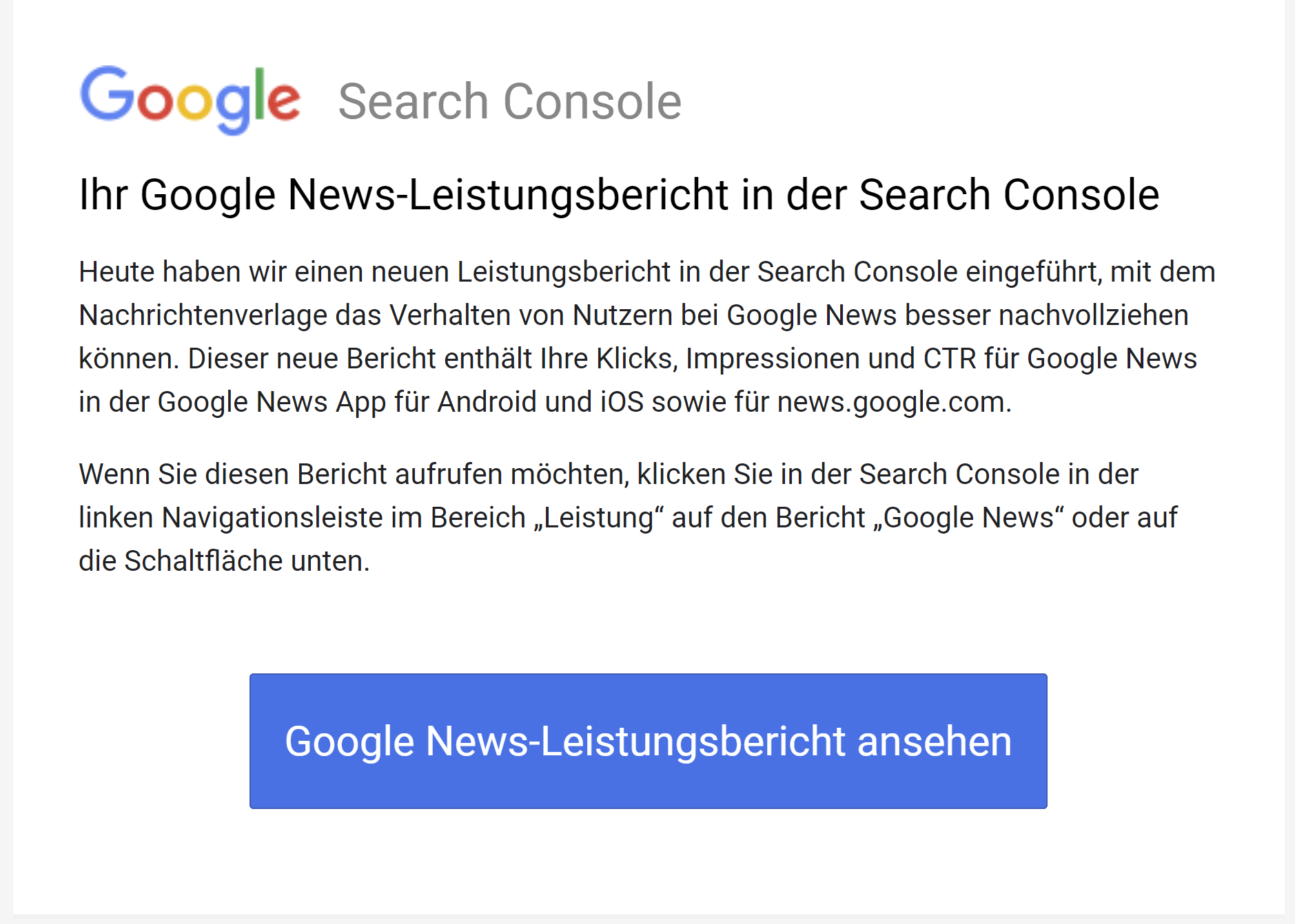 Google benachrichtigt per Mail über den neuen Leistungsbericht zu Google News