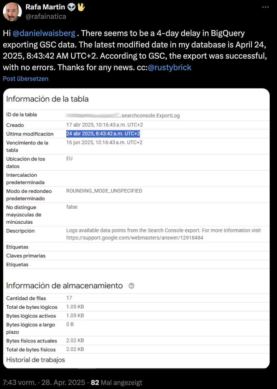 Probleme mit der GSC API: Rafa Martin auf Twitter