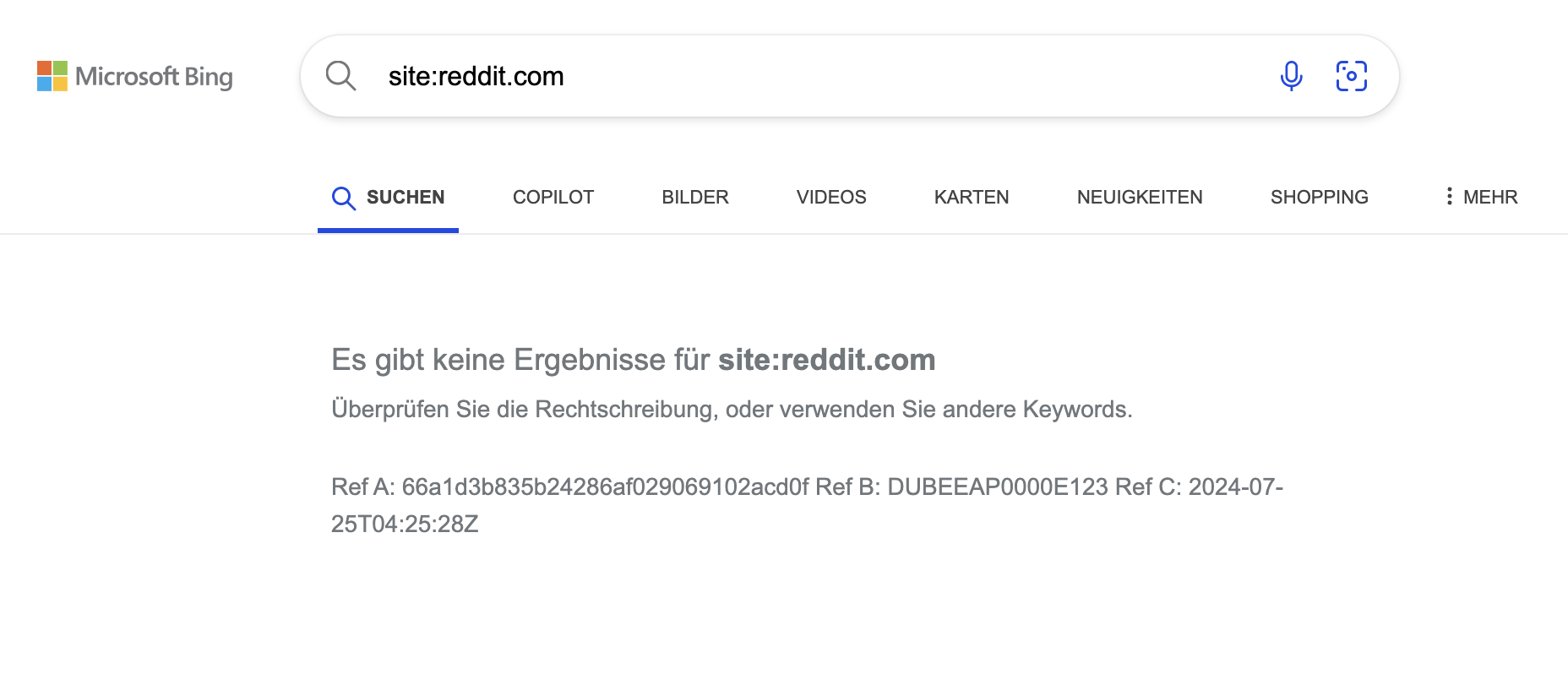 Keine Reddit-Ergebnisse der letzten Woche auf Bing