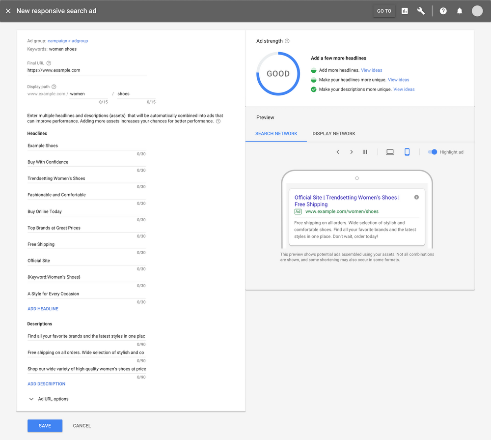 Responsive Search Ads: Anzeige von 'Ad Strength' beim Anlegen